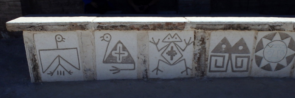 Inca Art Copies carved in Salt Blocks: Condor, Rhea, Frog, Butterfly, Sun.